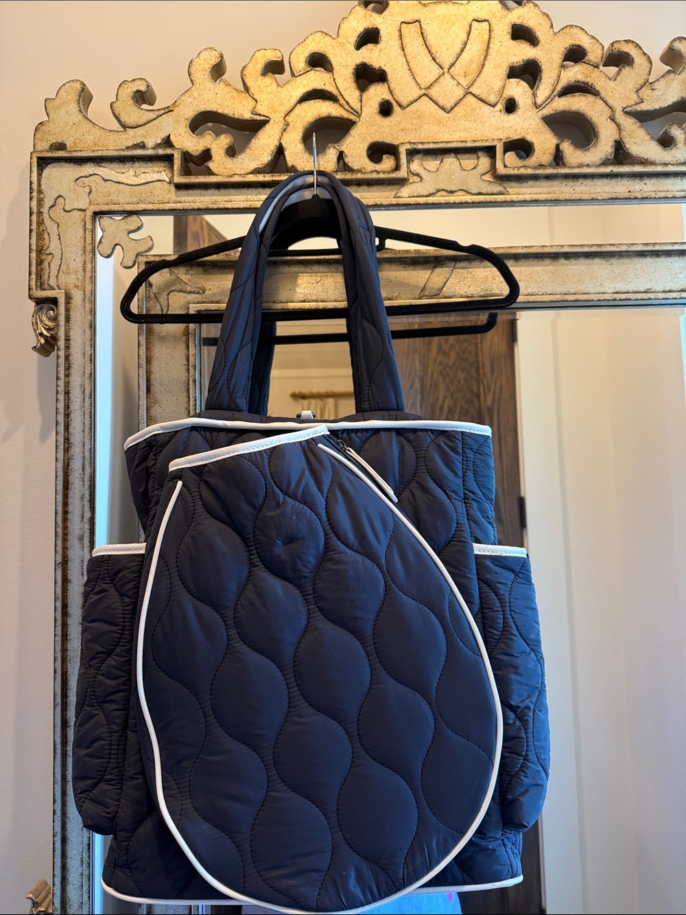 Queen of the Court Quilted Navy Tennis Tote Bag with White Piping